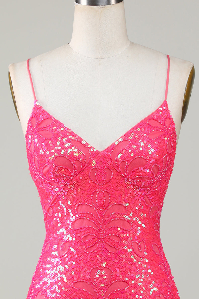 Cargar imagen en el visor de la galería, Sparkly Fuchsia Beaded Tight Short Homecoming Dress