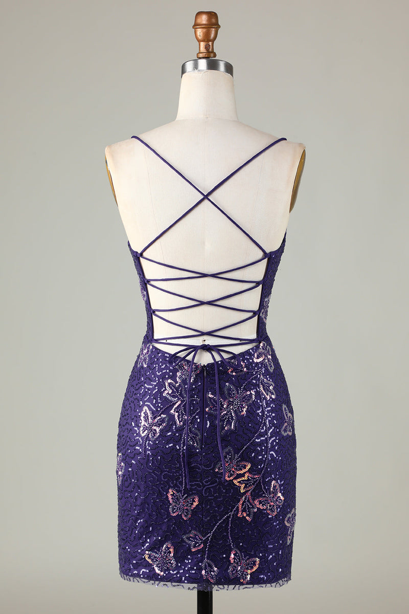 Cargar imagen en el visor de la galería, Sparkly Sheath Spaghetti Straps Dark Purple Short Homecoming Dress with Criss Cross Back