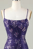 Cargar imagen en el visor de la galería, Sparkly Sheath Spaghetti Straps Dark Purple Short Homecoming Dress with Criss Cross Back
