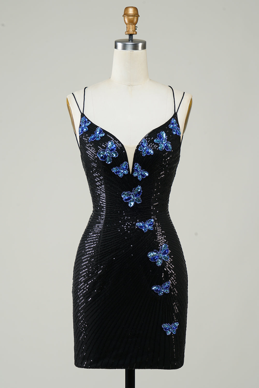 Black Glitter Tight Homecoming Dress con lentejuelas mariposas