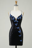 Black Glitter Tight Homecoming Dress con lentejuelas mariposas