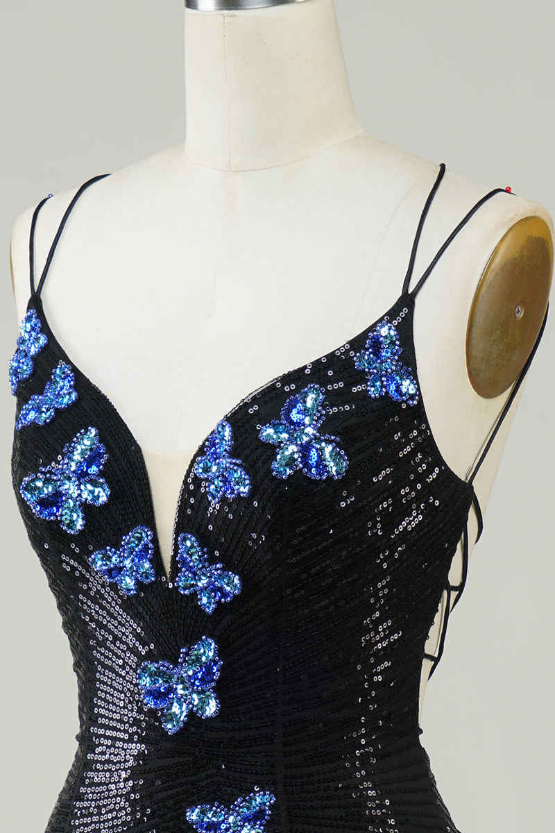 Cargar imagen en el visor de la galería, Black Glitter Tight Homecoming Dress con lentejuelas mariposas