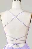 Corsé púrpura A-Line satinado corto Homecoming vestido con encaje