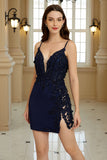 Vaina Spaghetti Correas Corsé Navy Homecoming Vestido con encaje