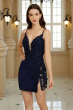 Vaina Spaghetti Correas Corsé Navy Homecoming Vestido con encaje