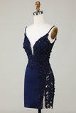 Sparkly Navy Corsé Tight Short Homecoming Dress con encaje