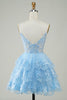Cargar imagen en el visor de la galería, Gorgeous A Line Spaghetti Straps Dark Blue Sparkly Corset Homecoming Dress