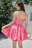 Elegante A-Line Spaghetti Straps Fucsia Short Homecoming Dress con Bowknot