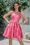 Elegante A-Line Spaghetti Straps Fucsia Short Homecoming Dress con Bowknot