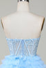Cargar imagen en el visor de la galería, Lindo A-Line Sweetheart Corsé azul Vestido corto de bienvenida con volantes