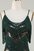 Cargar imagen en el visor de la galería, Correas de espagueti verde oscuro brillo 1920s vestido con flecos