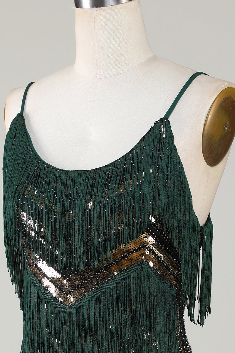 Cargar imagen en el visor de la galería, Correas de espagueti verde oscuro brillo 1920s vestido con flecos