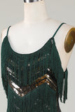 Correas de espagueti verde oscuro brillo 1920s vestido con flecos