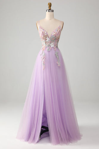 Vestido de fiesta largo lila con tirantes de espagueti de purpurina en forma de A con flores