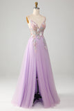 Vestido de fiesta largo lila con tirantes de espagueti de purpurina en forma de A con flores