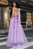 Precioso vestido de fiesta con corsé púrpura gris con cuello halter de una línea con apliques