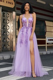 Precioso vestido de fiesta con corsé púrpura gris con cuello halter de una línea con apliques