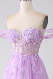 Vestido de fiesta de corsé con cuentas de línea A lila con hombros descubiertos