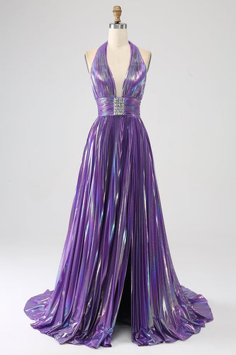 Vestido de fiesta largo metálico plisado púrpura brillante con abertura