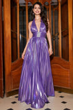 Vestido de fiesta largo plisado púrpura con purpurina metálica con abertura