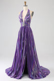 Vestido de fiesta largo metálico plisado púrpura brillante con abertura