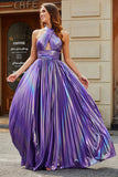 Impresionante vestido de fiesta largo púrpura con cuello halter de línea con ojo de cerradura en la parte delantera