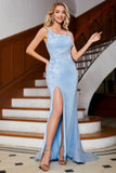 Sirena Azul Claro Elegante Vestido Largo De Fiesta Con Apliques