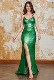 Vestido largo de fiesta de lentejuelas verdes sirena brillante con frente dividido