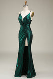Vestido de fiesta largo de tirantes de espagueti de sirena verde oscuro con espalda abierta