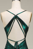 Vestido de fiesta largo de tirantes de espagueti de sirena verde oscuro con espalda abierta