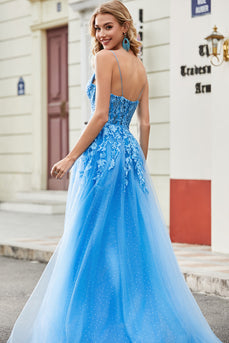 Precioso vestido de fiesta largo azul con tirantes de espagueti de una línea con apliques
