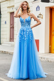 Precioso vestido de fiesta largo azul con tirantes de espagueti de una línea con apliques