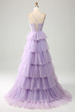Vestido de fiesta de princesa corsé escalonado de tul lila con apliques