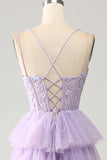 Vestido de fiesta de princesa corsé escalonado de tul lila con apliques
