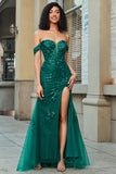 Elegante vestido de fiesta de corsé verde oscuro con hombros descubiertos de sirena con frente dividido