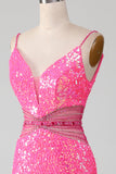 Vestido de fiesta de sirena con purpurina de tirantes de espagueti rosa intenso con cintura de abalorios