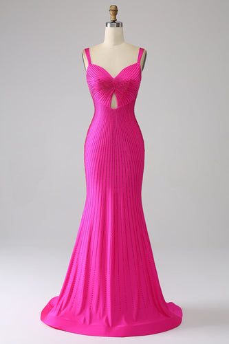Vestido de fiesta rosa intenso de sirena brillante con hueco