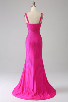 Vestido de fiesta rosa intenso de sirena brillante con hueco