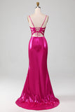 Vestido de fiesta simple de sirena rosa brillante con abertura