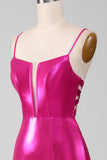 Vestido de fiesta simple de sirena rosa brillante con abertura