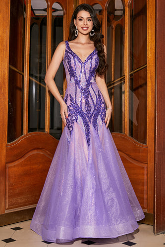 Impresionante vestido de fiesta largo de lentejuelas púrpuras con cuello en V de sirena con espalda abierta