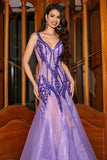 Impresionante vestido de fiesta largo de lentejuelas púrpuras con cuello en V de sirena con espalda abierta