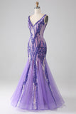 Vestido largo de fiesta de lentejuelas con cuello en V de sirena púrpura brillante