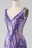 Vestido largo de fiesta de lentejuelas con cuello en V de sirena púrpura brillante