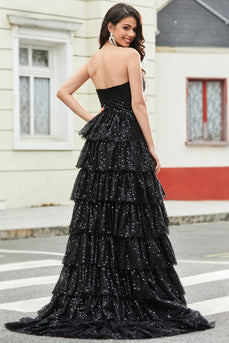 Elegante vestido de fiesta largo de lentejuelas negras sin tirantes de una línea con volantes