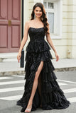 Elegante vestido de fiesta largo de lentejuelas negras sin tirantes de una línea con volantes