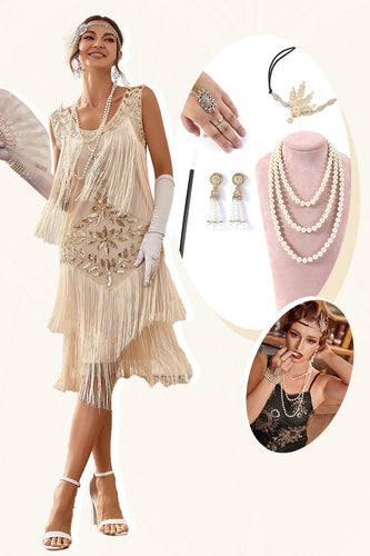 Champán 1920s Gatsby Vestido Con Conjunto de Accesorios