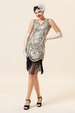 Flecos Lentejuelas Plata 1920s Gatsby Vestido Con Accesorios