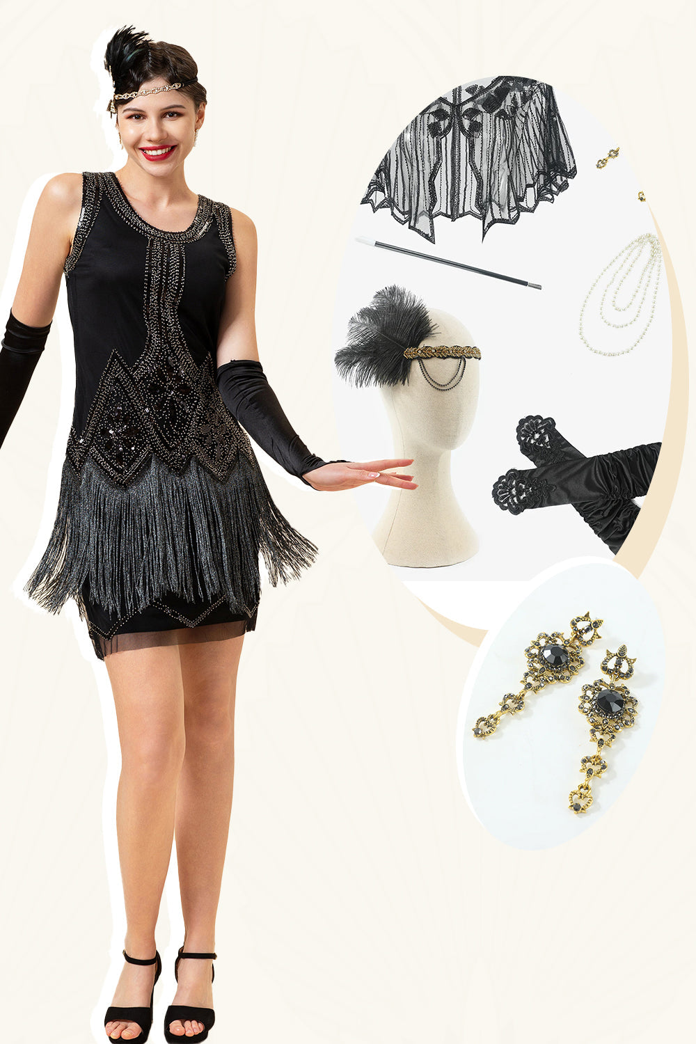1920s Vestido Lentejuelas Negro Con Conjunto de Accesorios