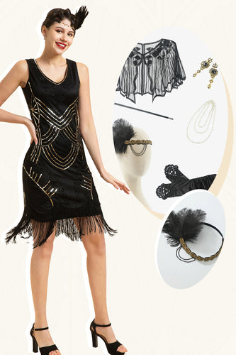 Flecos Negro Lentejuelas 1920s Gatsby Vestido Con Conjunto de Accesorios